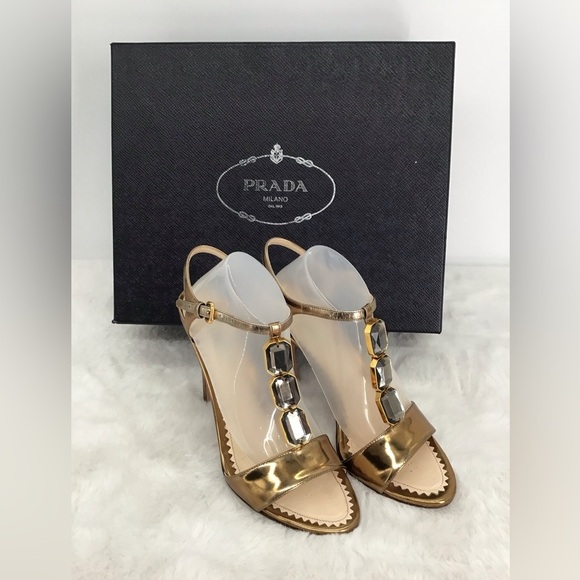 Prada Capretto Jeweled Open Toe Heel Lame Bronze Luxury Designer Size 37EU - Picture 1 of 11